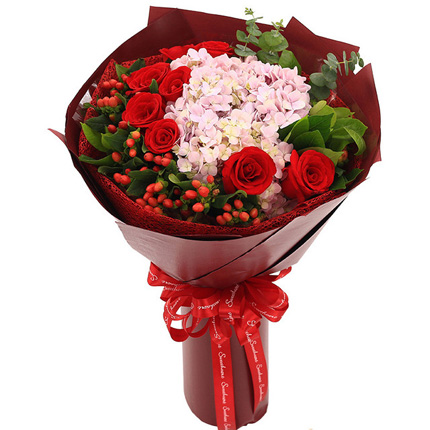 心心相印-9朵红玫瑰及2枝绣球花送女神花束