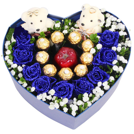 蓝色迷恋-9朵蓝色妖姬+1个苹果+9颗巧克力，搭配小熊送女神心形花盒