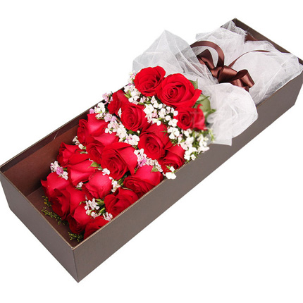 浪漫情缘-19朵红玫瑰，搭配石竹梅创意花盒