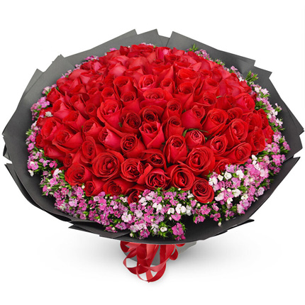 永远爱你-99朵精品红玫瑰，外围黄莺石竹梅送女神花束