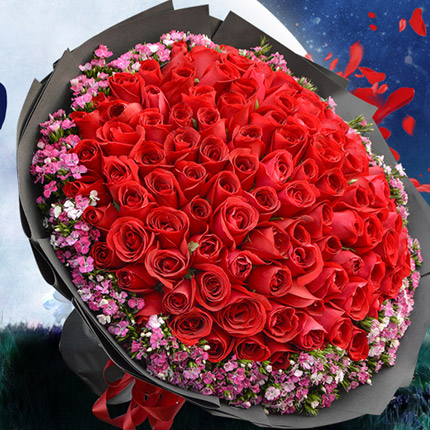 永远爱你-99朵精品红玫瑰，外围黄莺石竹梅送女神花束