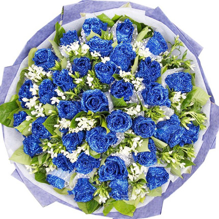 一见钟情-33朵蓝色妖姬，搭配白色相思梅、栀子叶爱情玫瑰