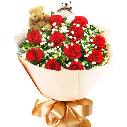 最真的爱-11朵红玫瑰+2个小熊爱情花束