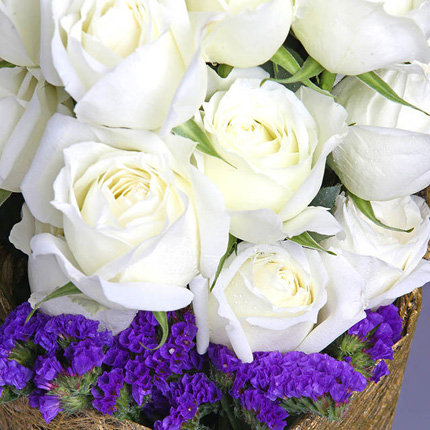 纯真浪漫-19枝白玫瑰，搭配紫色勿忘我、栀子叶