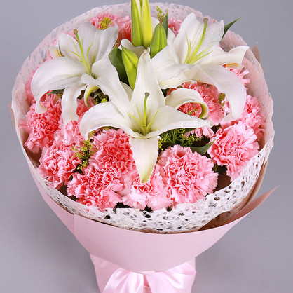 感恩有爱-33枝粉色康乃馨+3枝香水百合教师节母亲节鲜花