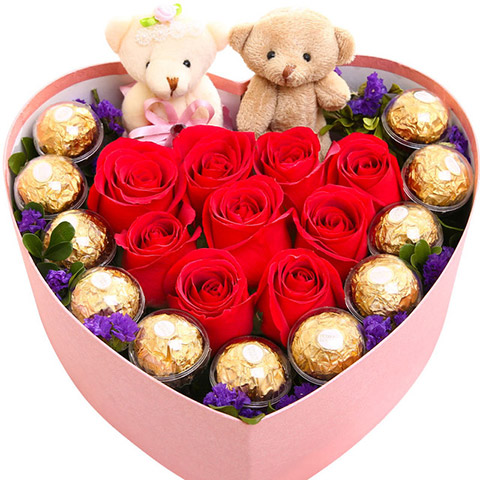 浪漫邂逅-9朵红玫瑰，11颗巧克力，2只小熊，配勿忘我