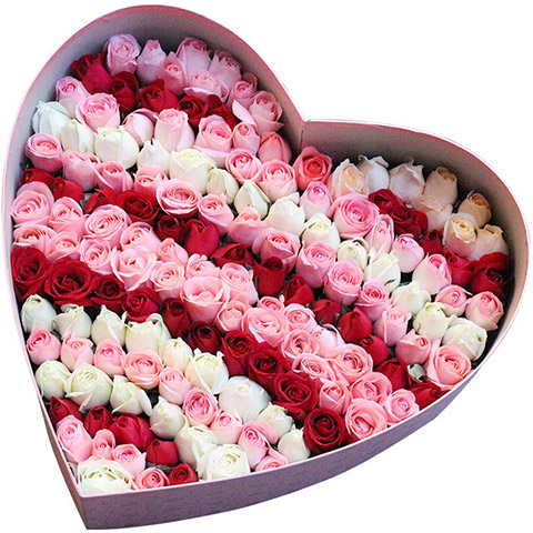 今生只有你-99朵混搭玫瑰（红+白+粉玫瑰），心形礼盒