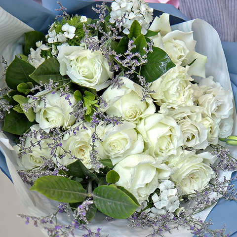 若只初见-9枝白玫瑰，搭配白桔梗、水晶草、白相思梅，绿叶