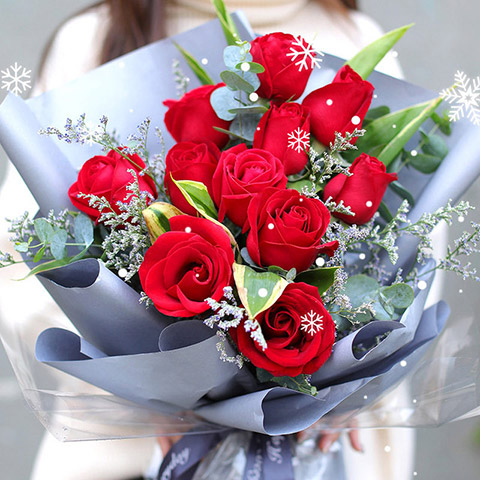 浪漫爱情-11枝红玫瑰，搭配情人草、小尤加利、巴西叶