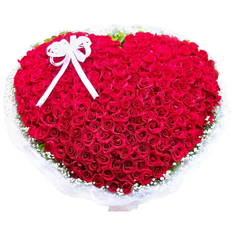 用心爱你-365枝红玫瑰心形花束，搭配满天星
