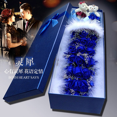 蓝色梦恋-19枝蓝色妖姬礼盒，一对小熊，外围羽毛，搭配情人草