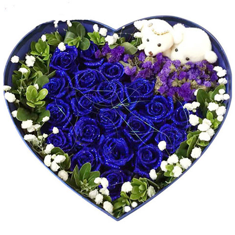 心有所属-19枝蓝玫瑰，2只公仔熊，外围栀子叶满天星，勿忘我点缀