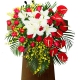马到功成-21枝红玫瑰，8枝红掌，6枝白百合，搭配跳舞兰、散尾葵叶、栀子叶