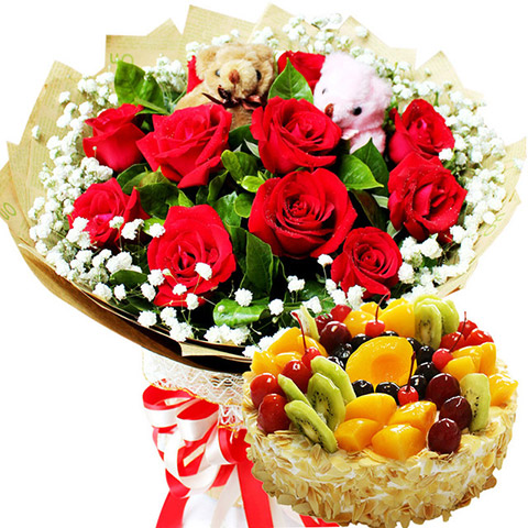 承诺一世情组合-8寸水果蛋糕、各种新鲜水果装饰、花生脆搭配+11枝红玫瑰花束