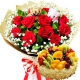 承诺一世情组合-8寸水果蛋糕、各种新鲜水果装饰、花生脆搭配+11枝红玫瑰花束