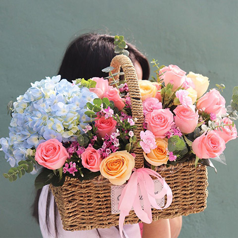 祝福您-1朵蓝色绣球花、12枝粉玫瑰、4枝香槟玫瑰、4朵粉康，搭配尤加利，相思梅