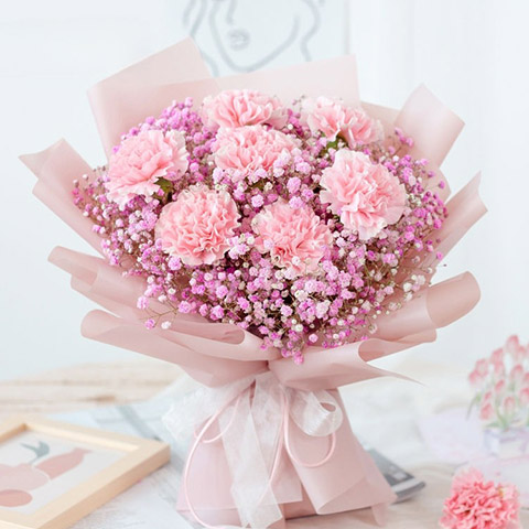平安喜乐-7朵粉色康乃馨，搭配粉色满天星丰满