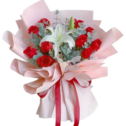 爱的勇气-11枝红玫瑰+1支多头白百合，搭配尤加利叶